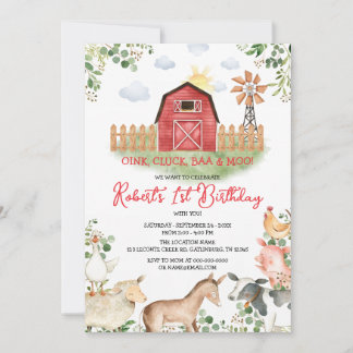 Boy Farm Animals Barnyard Red Gingham Birthday Einladung