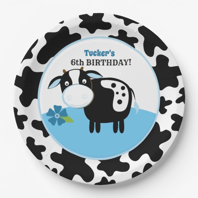 Boy Farm Cow Geburtstagspapier Teller / jedes Alte (Vorderseite)
