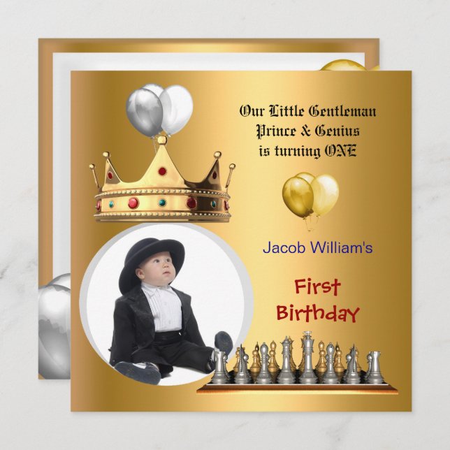 Boy First Birthday 1. Gentleman Prince Genius Einladung (Vorne/Hinten)