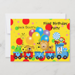 Boy First Birthday 1. Zug Foto Zoo Tiere Einladung