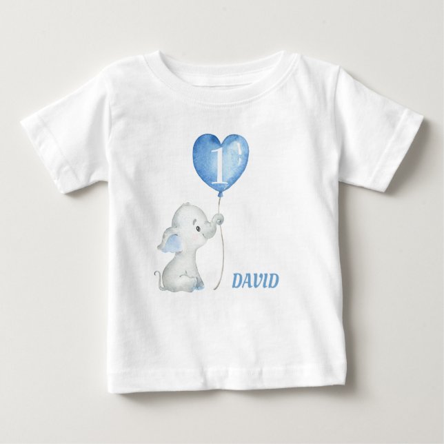 Boy First Birthday Blue Balloon Elephant Baby T-shirt (Vorderseite)