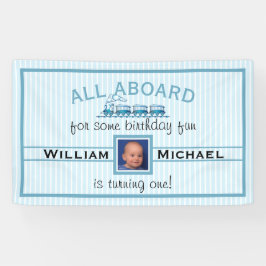 Boy First Birthday Blue Trains Banner
