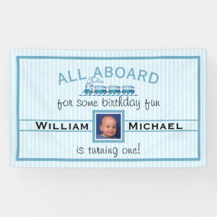 Boy First Birthday Blue Trains Banner