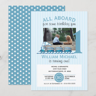 Boy First Birthday Blue Trains Foto Einladung