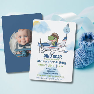 Boy First Birthday Dinosaur flies Airplane funny Einladung