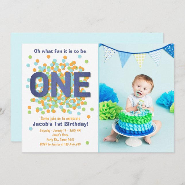 Boy First Birthday Einladung Confetti ONE blau (Vorne/Hinten)