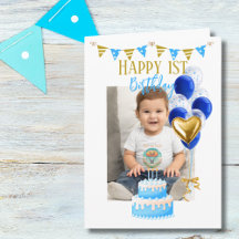 Boy First Birthday Foto Blue Gold Ballon Niedlich