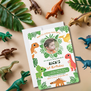 Boy First Birthday Foto Dinosaurier Niedlich farbi Einladung