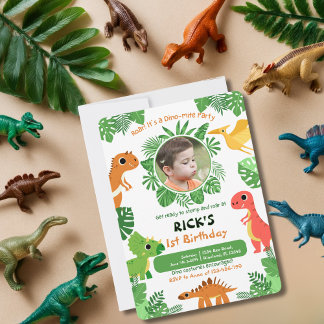 Boy First Birthday Foto Dinosaurier Niedlich farbi Einladung