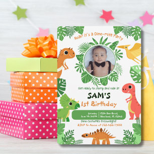 Boy First Birthday Foto Dinosaurier Niedlich farbi Einladung