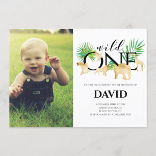Boy First Birthday Foto Wild One Gold Dschungel Einladung