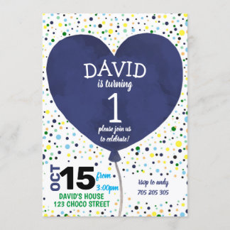 Boy First Birthday Navy Heart Balloon Confetti Einladung