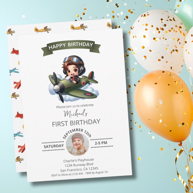 Boy First Birthday Pilot Vintage Airplane Clouds Einladung (Von Creator hochgeladen)