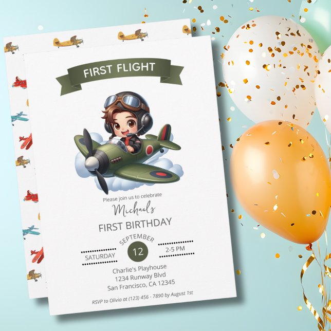 Boy First Birthday Pilot Vintage Airplane Clouds Einladung (Von Creator hochgeladen)