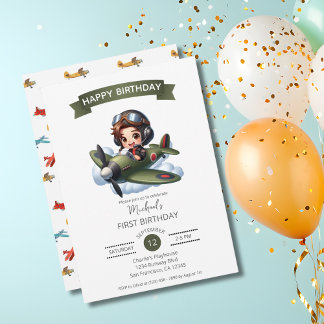 Boy First Birthday Pilot Vintage Airplane Clouds Einladung
