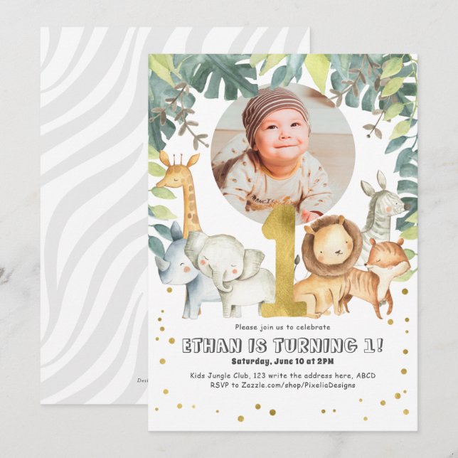 Boy First Birthday Safari Jungle Tiere Foto Einladung (Vorne/Hinten)