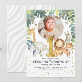 Boy First Birthday Safari Jungle Tiere Foto Einladung