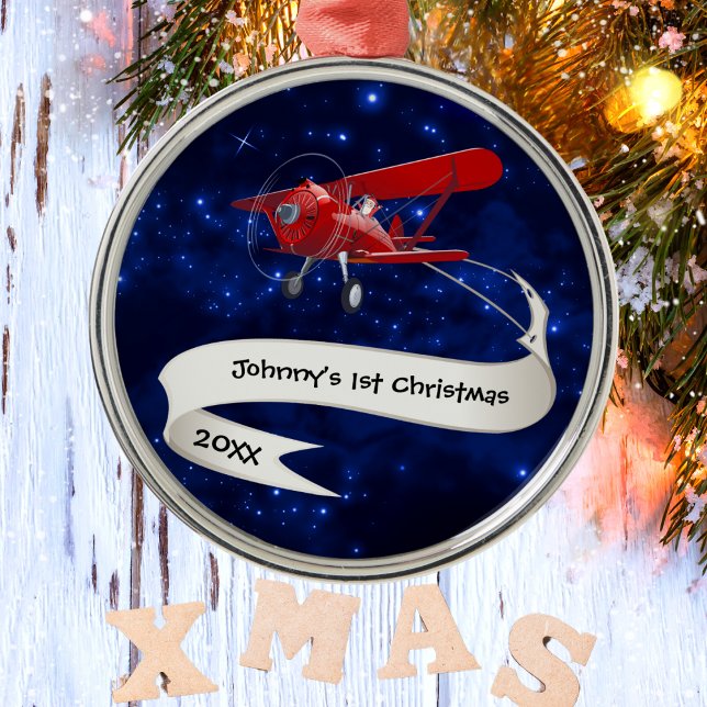 Boy First Christmas Airplane Santa Claus Aviation Ornament Aus Metall (Von Creator hochgeladen)