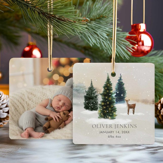 Boy First Christmas Birth Stats Woodland Photo Keramikornament (Rustic Forest Woodland Birth Stats with Photo Ornament)