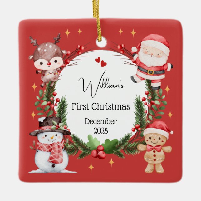 Boy First Christmas Rentier Santa Tree Ornament (Vorderseite)