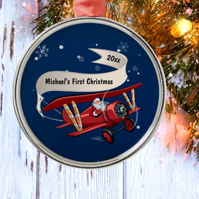 Boy First Christmas Santa Airplane Personalisiert Ornament Aus Metall (Von Creator hochgeladen)
