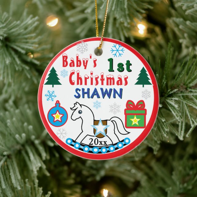 Boy First Christmas White Horse Peace Keramik Ornament (Baum)