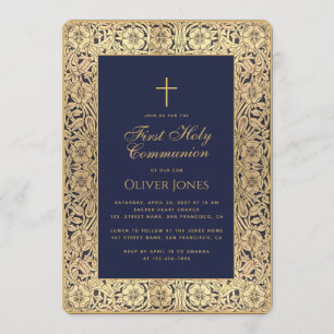 Boy First Communion Blue Gold Floral Frame Elegant Einladung