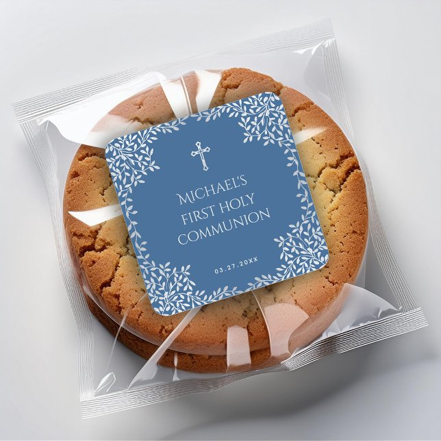 Boy First Communion Classic Blue Silver Blätter Quadratischer Aufkleber (Von Creator hochgeladen)