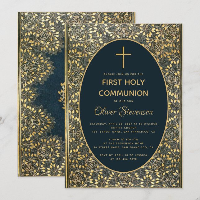 Boy First Communion Elegant Blue Gold Blätter Cros Einladung (Vorne/Hinten)
