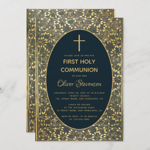 Boy First Communion Elegant Blue Gold Blätter Cros Einladung