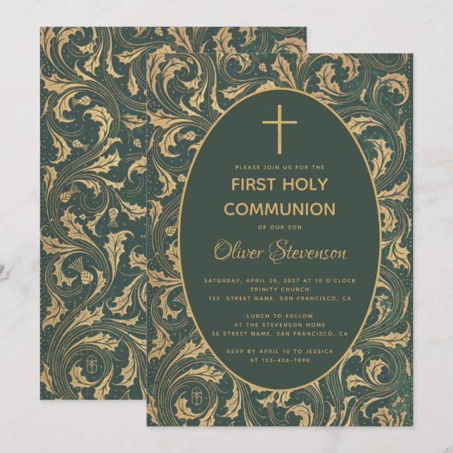 Boy First Communion Gold Cross Vintag Thistle Einladung (Vorne/Hinten)