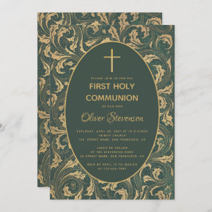 Boy First Communion Gold Cross Vintag Thistle Einladung