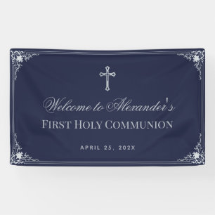 Boy First Communion Navy Blue Elegantes Verziertes Banner
