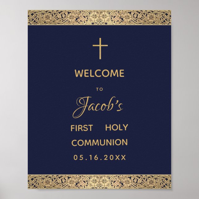 Boy First Communion Navy Blue Gold Rose Willkommen Poster (Vorne)