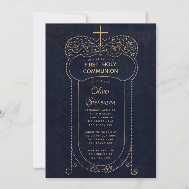 Boy First Communion Navy Vintage Kalligraphie Einladung (Vorderseite)