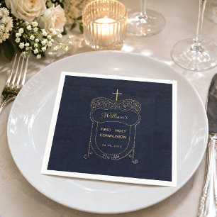 Boy First Communion Navy Vintages Cross Script Serviette