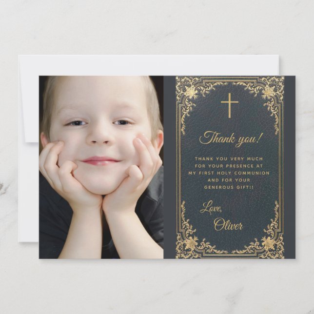 Boy First Communion Vintag Blue Gold Foto Dankeskarte (Vorderseite)