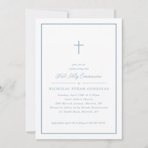 Boy First Heilige Kommunion Blue Cross Simple Fram Einladung