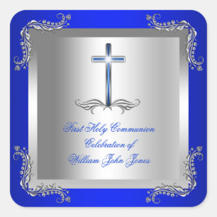 Boy First Heilige Kommunion Silver Royal Blue 2T Quadratischer Aufkleber