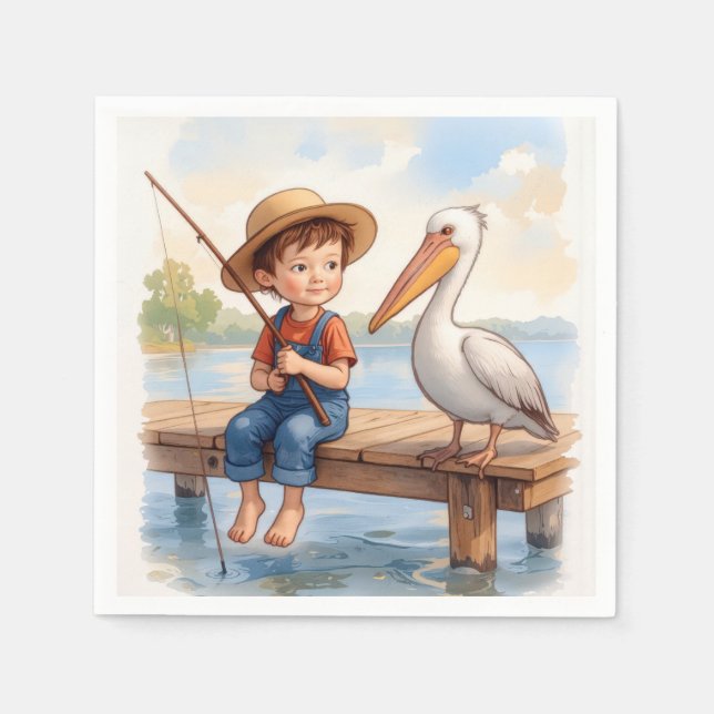 Boy Fishing On a Dock With a Pelican Serviette (Vorderseite)