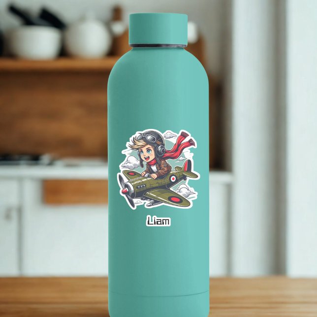 Boy Flying Airplane Clouds Fun Kids Personalized Aufkleber (Von Creator hochgeladen)