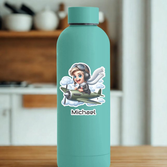 Boy Flying Airplane Clouds Fun Kids Personalized Aufkleber (Von Creator hochgeladen)