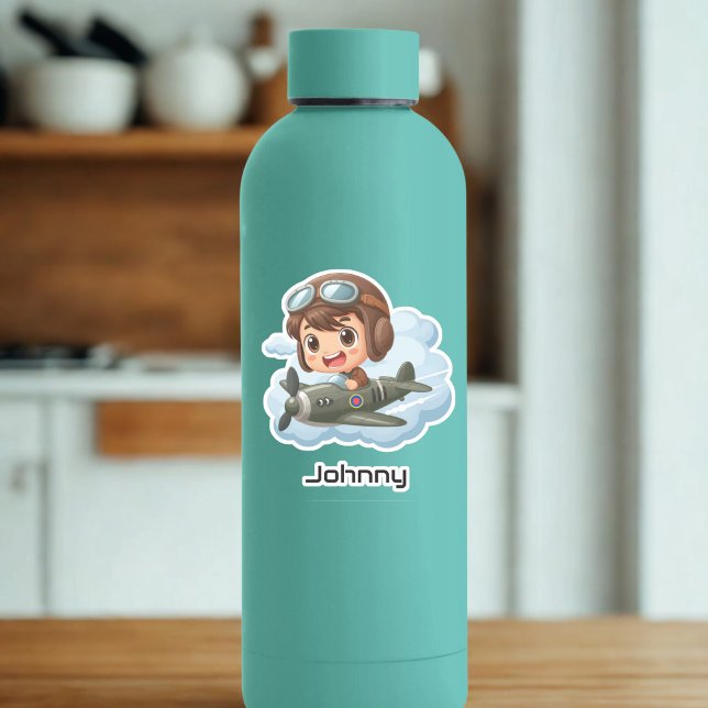  Boy Flying Airplane Clouds Fun Kids Personalized Aufkleber (Von Creator hochgeladen)