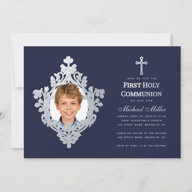 Boy Foto Erste Kommune Navy Blue Imitate Silver Einladung (Vorderseite)