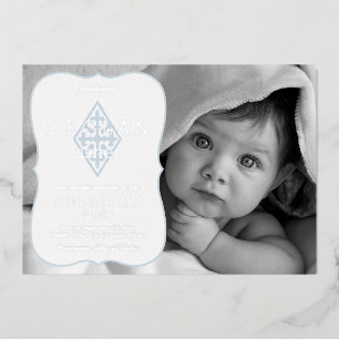 Boy Foto FleurdeLis Cross Birth Announcement Foil Folieneinladung
