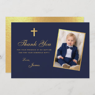 Boy Foto Taufen Imitate Gold Foil Navy Blue Script Dankeskarte