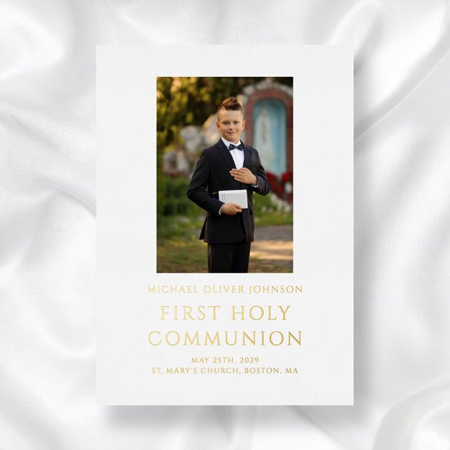 Boy Foto White First Heilige Kommunion Gold Folieneinladung (Boy Photo White First Holy Communion Gold Foil Invitation)