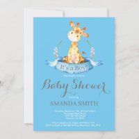 Boy Giraffe Baby Dusche Einladung Blau und Grau