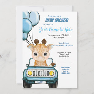 Boy Giraffe in Car Baby Shower Einladung Balloons