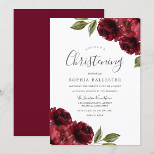 Boy Girl Burgundy Rote Blume Christening Taufe Einladung
